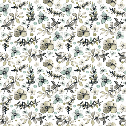 Watercolor Green and Grey Flowers, Leaves and Dots Seamless Pattern