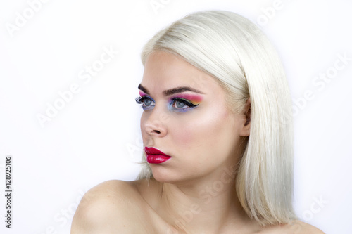 Beauty Girl Portrait with Colorful Makeup.Studio Shot of Stylish Woman. Vivid Colors. Rainbow Color.
