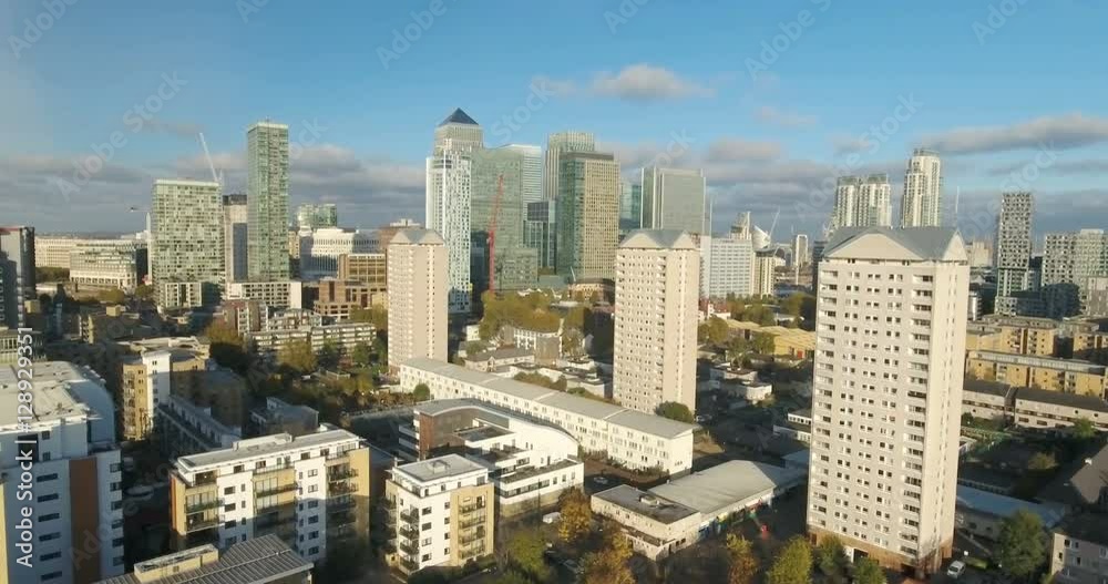 Aerial descending view of the financial district of the Docklands in London Aerial descending view of the financial district of the Docklands in London