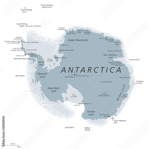 Wallpaper Mural Antarctica political map with Geographic and Magnetic South pole, scientific research stations and ice shelfs
