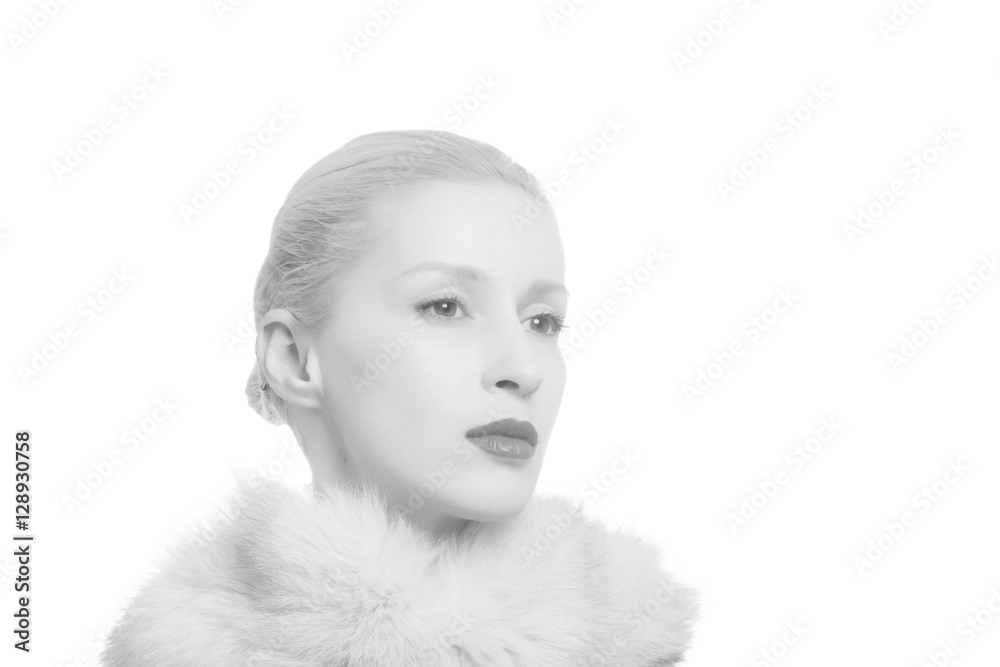 Bright white head face portrait one woman fashion model