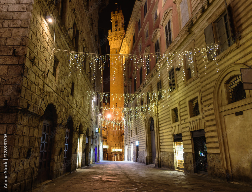 Christmas lights in the medieval city of Siena in Tuscany