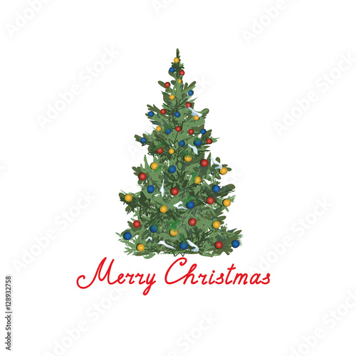 Christmas background with decorated fir tree. Winter holiday greeting card