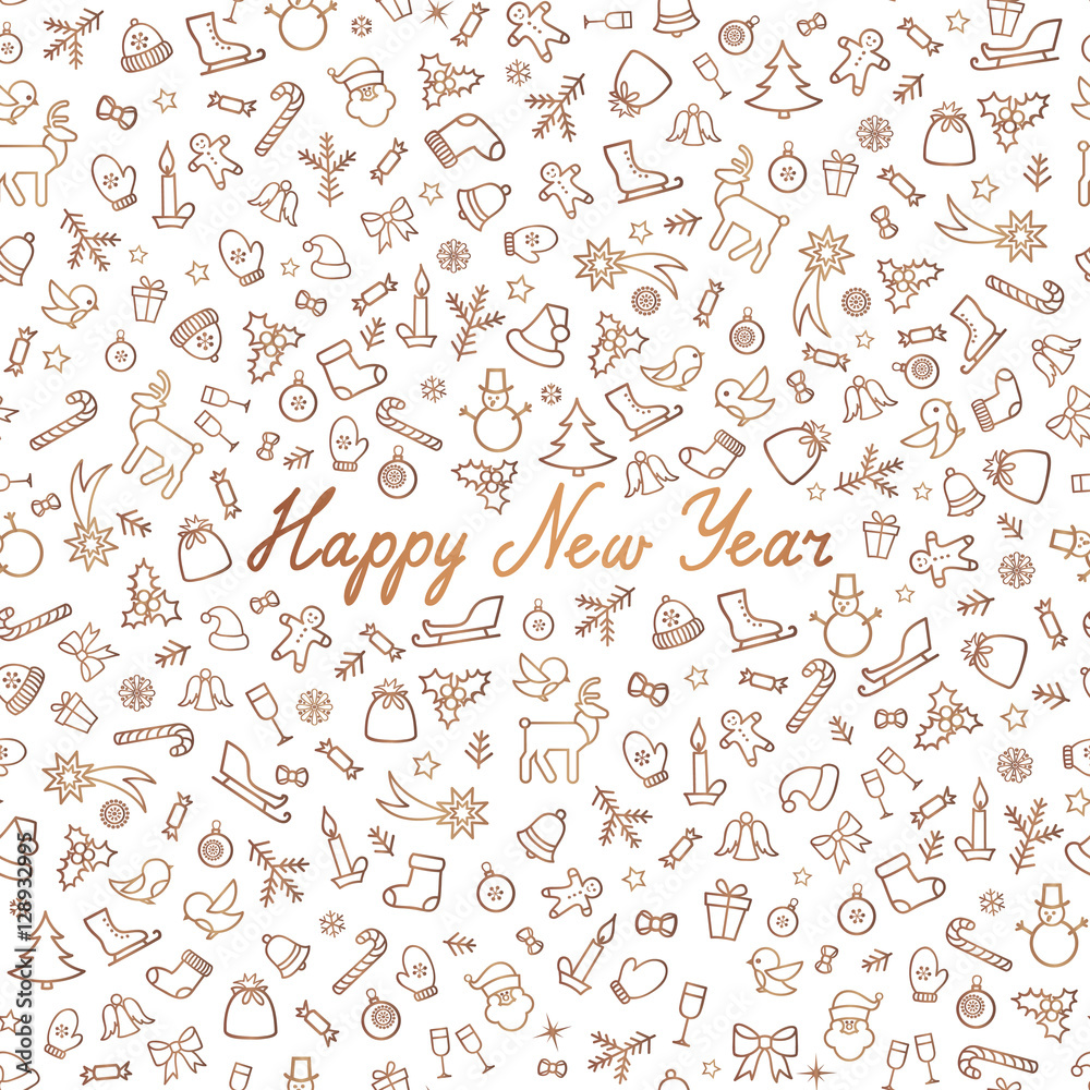 Happy New Year Greeting Card. Happy Winter Holiday Icons Seamless Pattern.