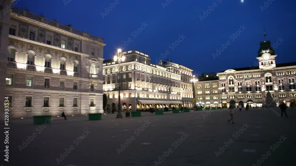 View of Piazza Unità in Trieste at sunset, Italy