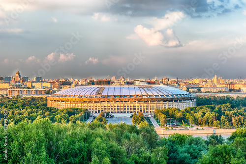 Aerial view of Luzhniki Stadium from Sparrow Hills, Moscow, Russ