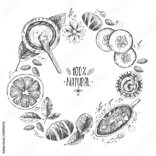 Hand drawn vector round wreath background, organic cosmetics, sp