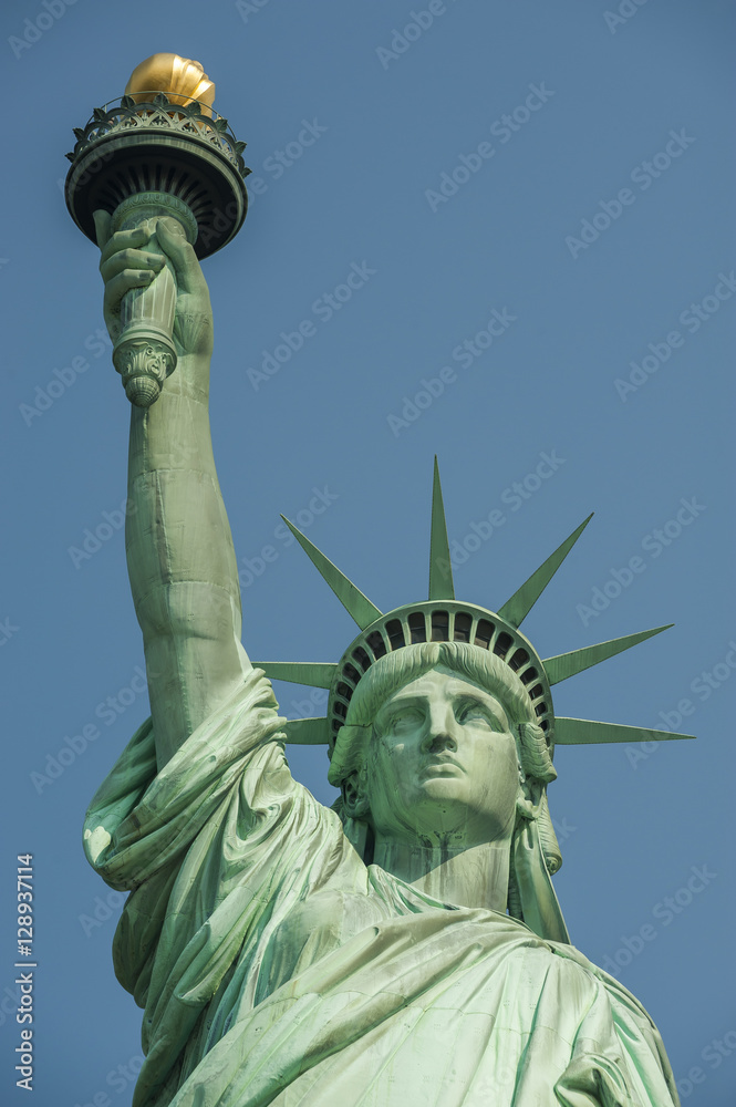 Fototapeta premium Majestic iconic lady liberty statue of liberty in New York harbor welcoming new arrivals