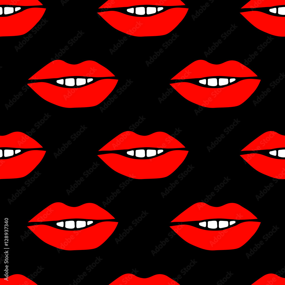 Red lips on black background. Hipster seamless hand drawing pattern Red lips on black background. Hipster seamless hand drawing pattern