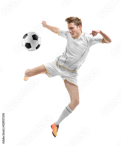 Professional football player on white background