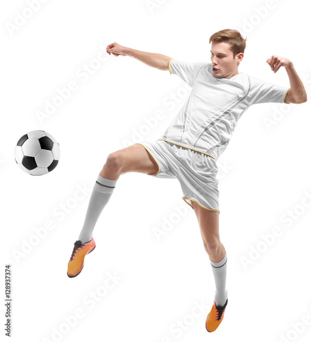 Professional football player on white background