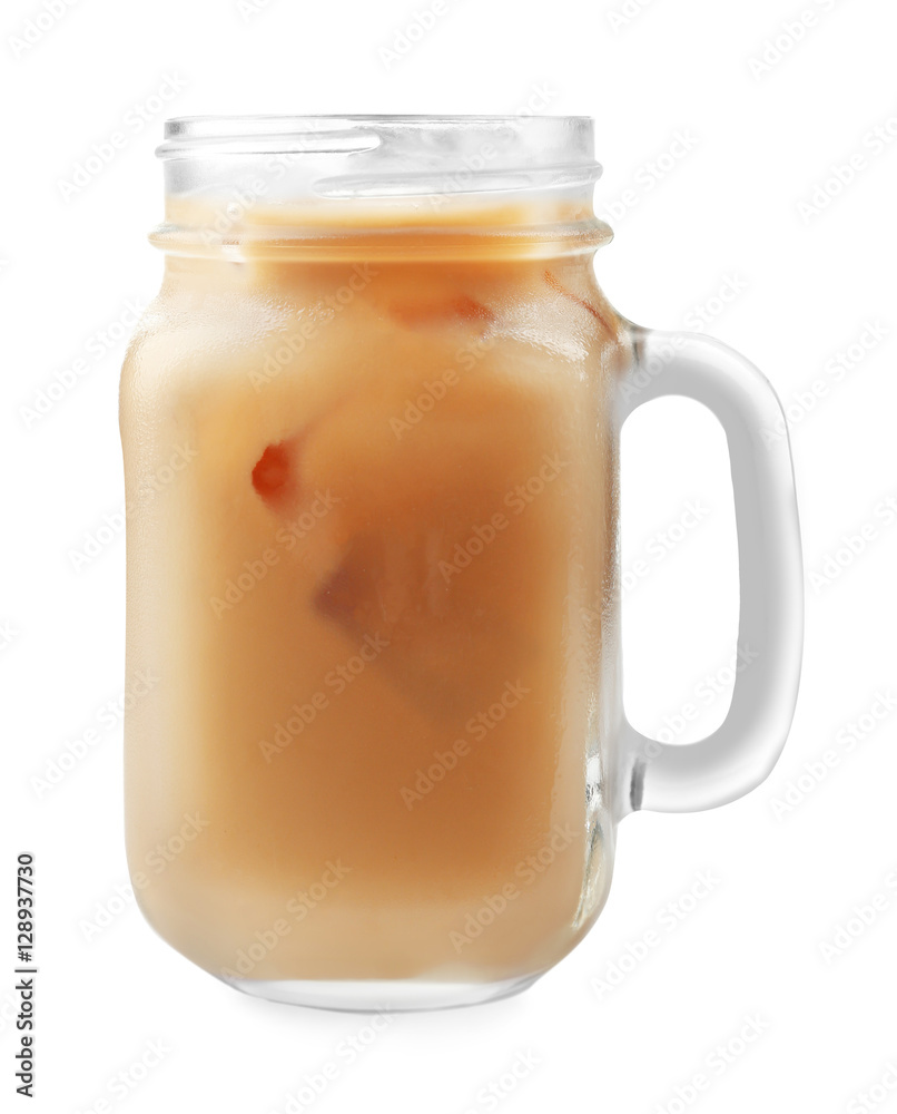 Jar of iced coffee with milk on white background Jar of iced coffee with milk on white background