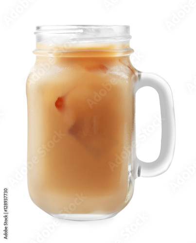 Jar of iced coffee with milk on white background