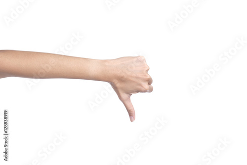 Women's hand shows thumb down isolated on white background