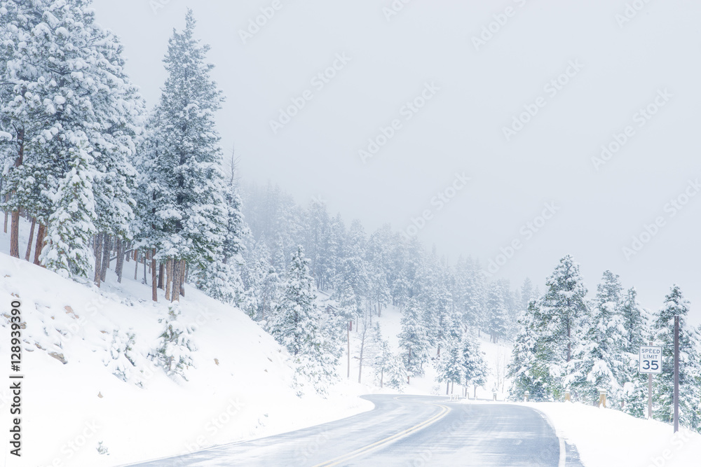 Beautiful winter scene with icy slick road driving situation curving road covered with snow and snowy trees all around
