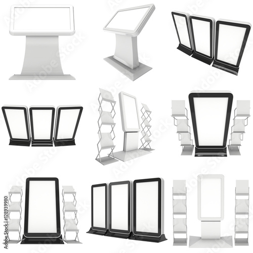 LCD Screen Floor Stand Set. Blank Trade Show Booth Collection. 3d render of lcd screen isolated on white background. High Resolution Floor Stand. Ad template for your expo design.