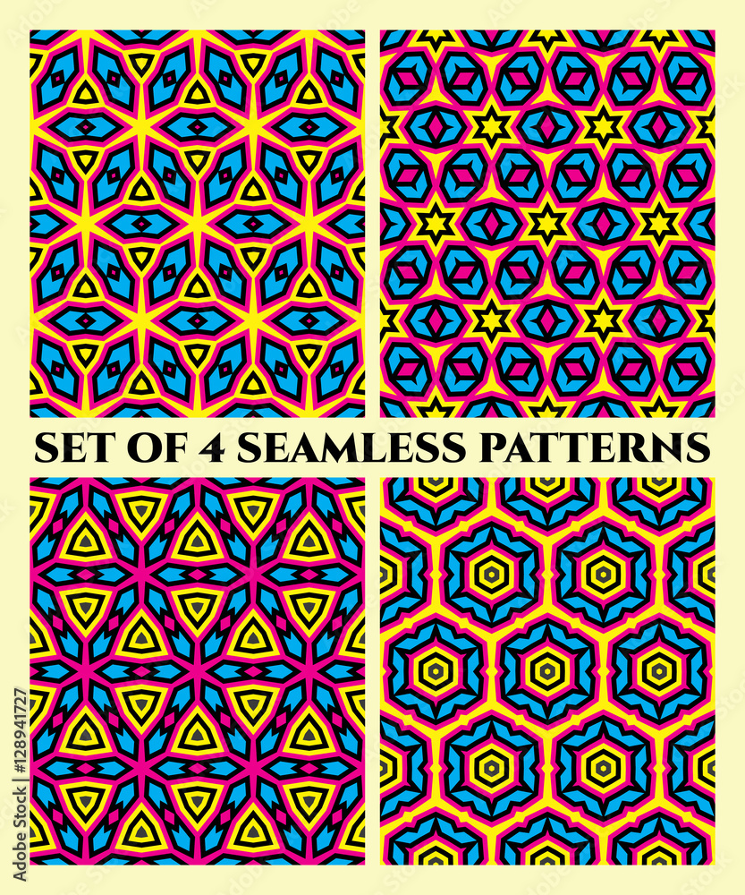 Decorative seamless geometrical patterns of different shapes in blue, magenta, black and yellow shades