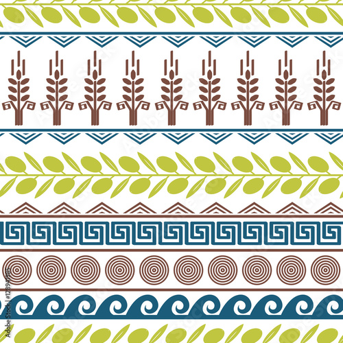 Lilting seamless pattern with olives, wheat, and greek symbols.