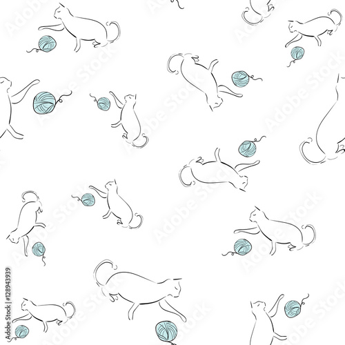 Seamless Pattern with Cat and Ball of Yarn