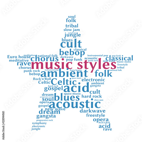 Music styles. Word cloud, five-pointed star, white background. Music concept.	