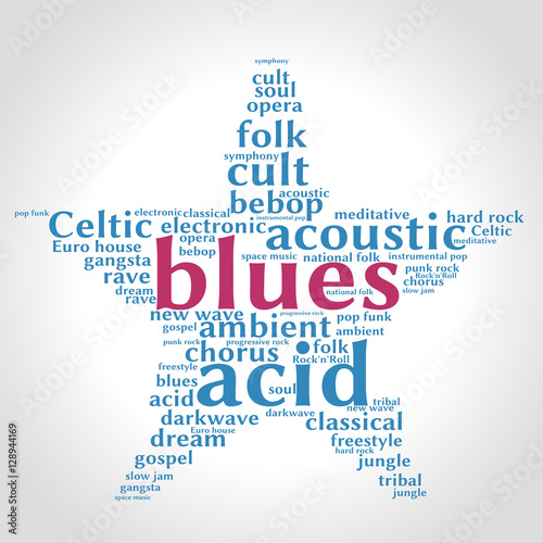 Blues. Word cloud, five-pointed star, gradient grey background. Music concept.	