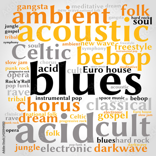 Blues. Word cloud, square, gradient grey background. Music concept.