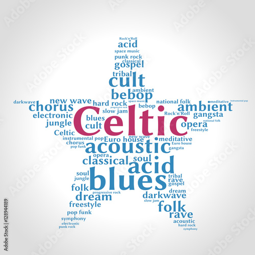 Celtic. Word cloud, five-pointed star, gradient grey background. Music concept.