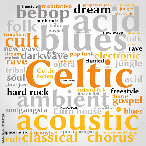 Celtic. Word cloud, square, gradient grey background. Music concept.	
