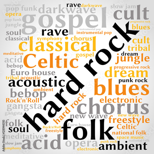 Hard rock. Word cloud, square, gradient grey background. Music concept.