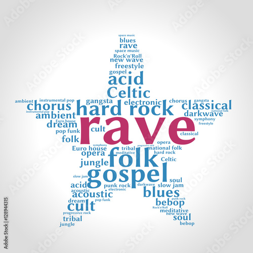 Rave. Word cloud, five-pointed star, gradient grey background. Music concept.	