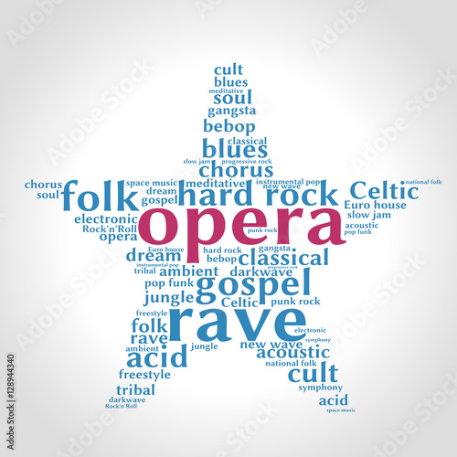 Opera. Word cloud, five-pointed star, gradient grey background. Music concept.	