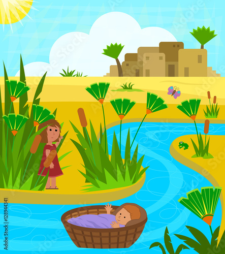 Baby Moses In Basket - Cute illustration of baby Moses on the Nile river with his sister watching over him from a distance. Eps10