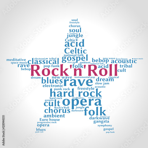 Rock'n'Roll. Word cloud, five-pointed star, gradient grey background. Music concept.	