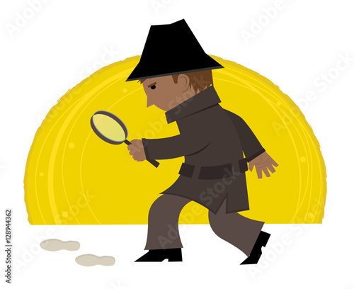 Detective Clip-art - Cartoon clip art of a detective holding a magnifying glass and looking at footprints. Eps10