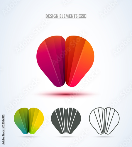 Abstract shell logo icon design. 3 different styles: glossy, flat, line art collection