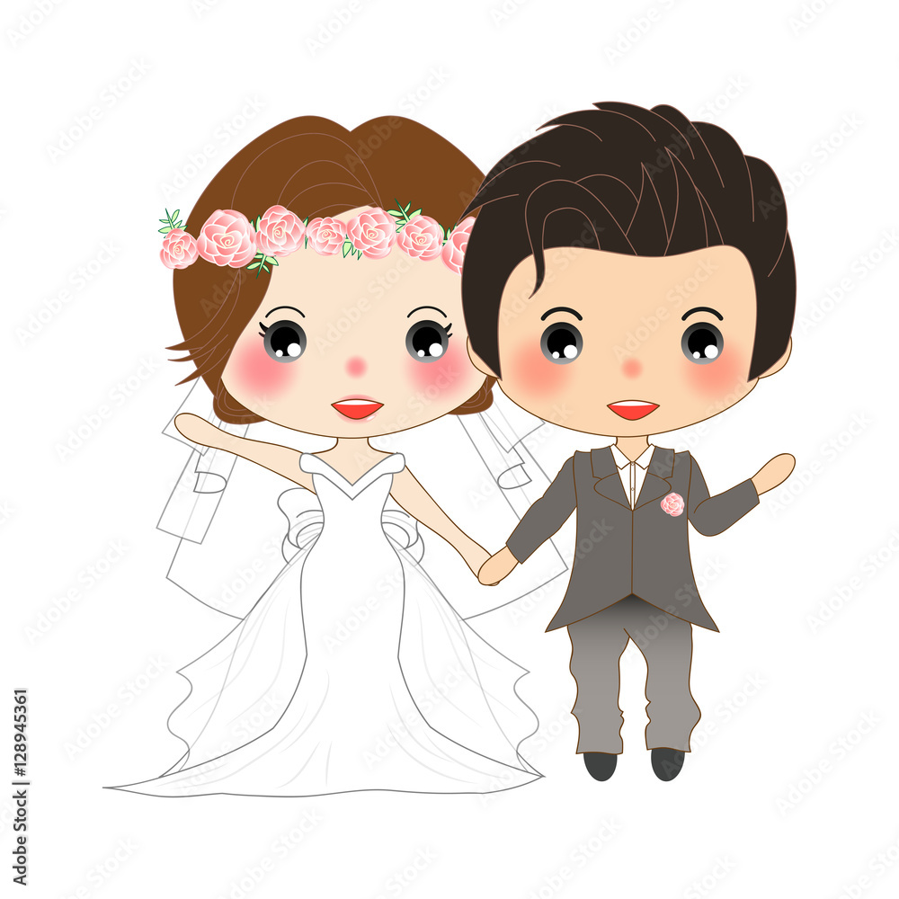 Couple Wedding. Cute Woman in Bride Dress and Handsome Man in Groom Tuxedo. Vector. Illustration. isolated on White Background Couple Wedding. Cute Woman in Bride Dress and Handsome Man in Groom Tuxedo. Vector. Illustration. isolated on White Background