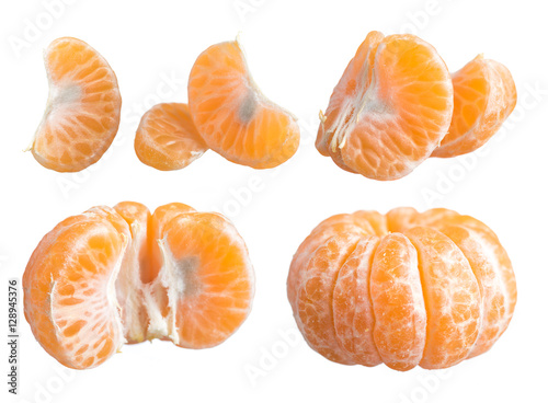  Peeled tangerine or orange mandarin fruit isolated on white bac