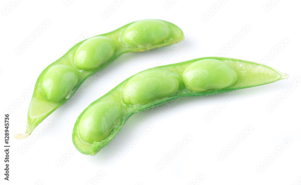 Green soybeans on white background, japanese food Green soybeans on white background, japanese food