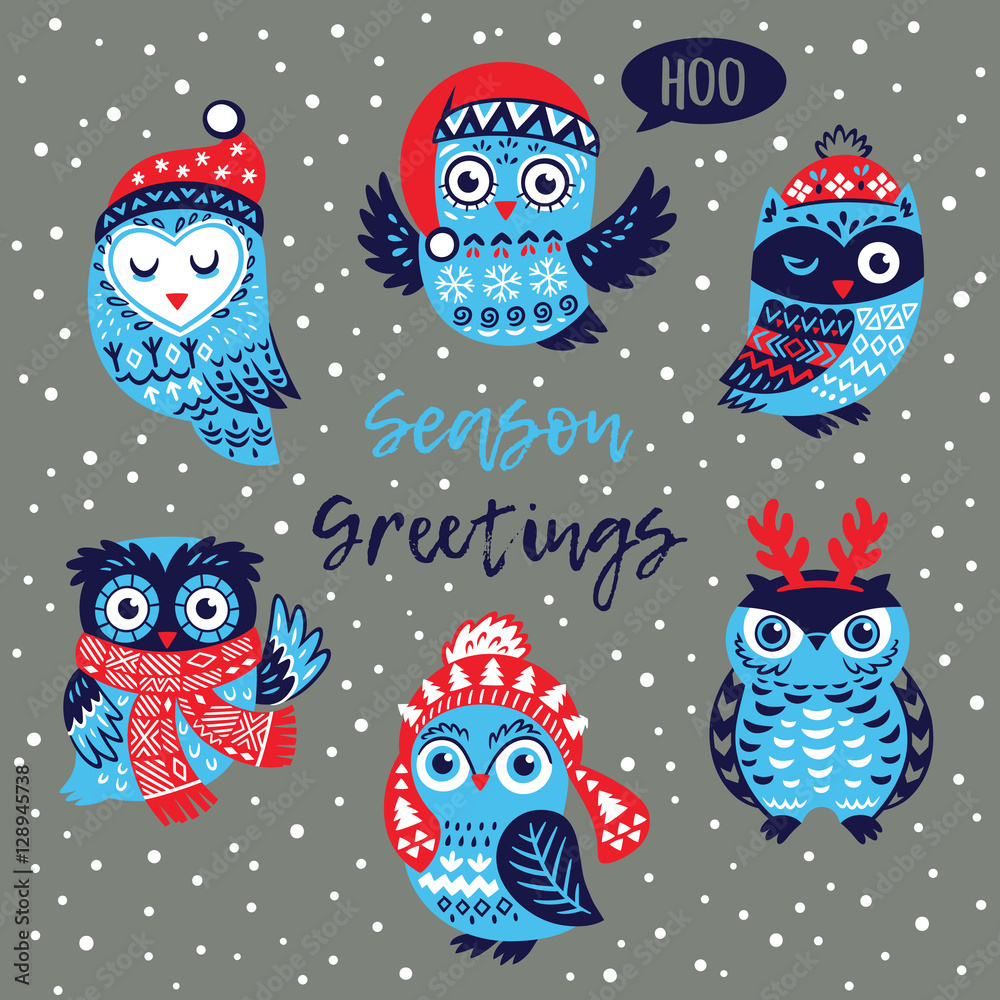 Obraz premium Season Greetings card with owls
