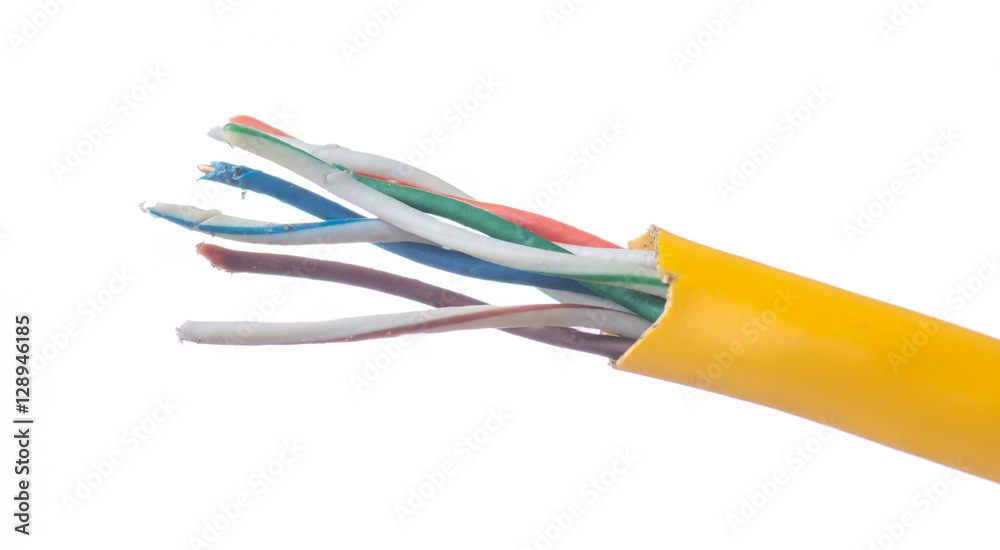 Damage to the cable network with torn wire on white background Damage to the cable network with torn wire on white background