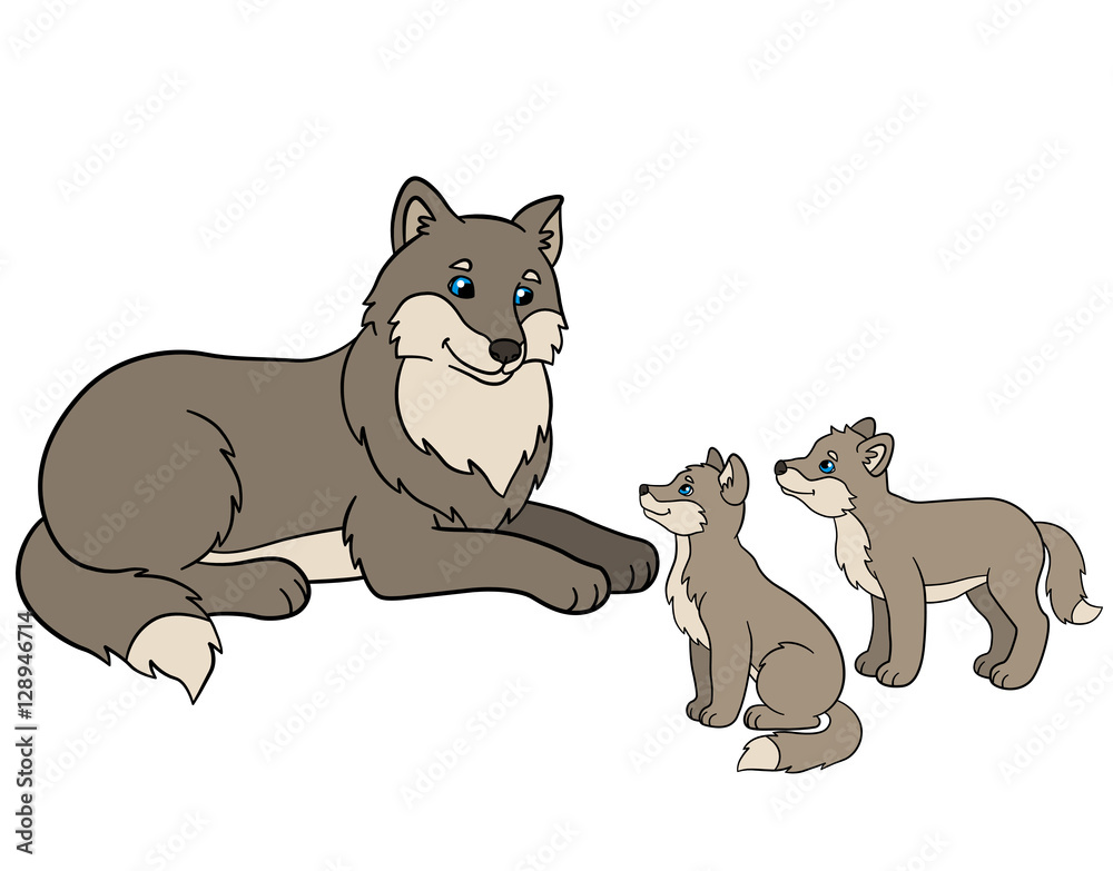 Fototapeta premium Cartoon animals. Mother wolf with her little babies.