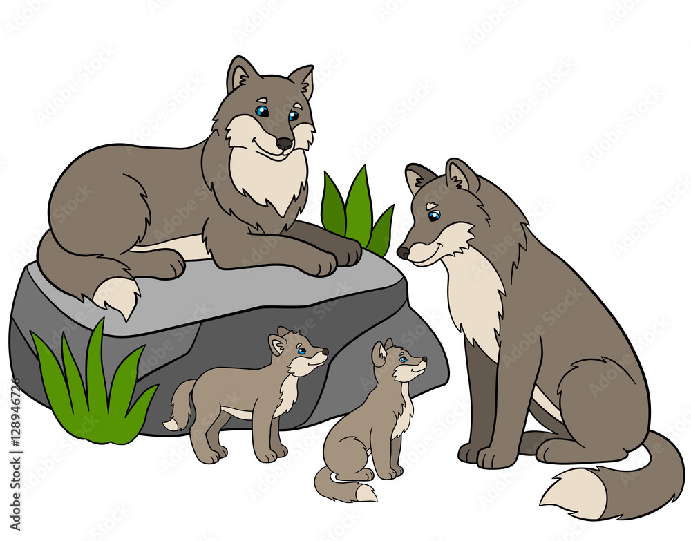 Cartoon animals. Mother and father wolves with their cute babies Stock ...