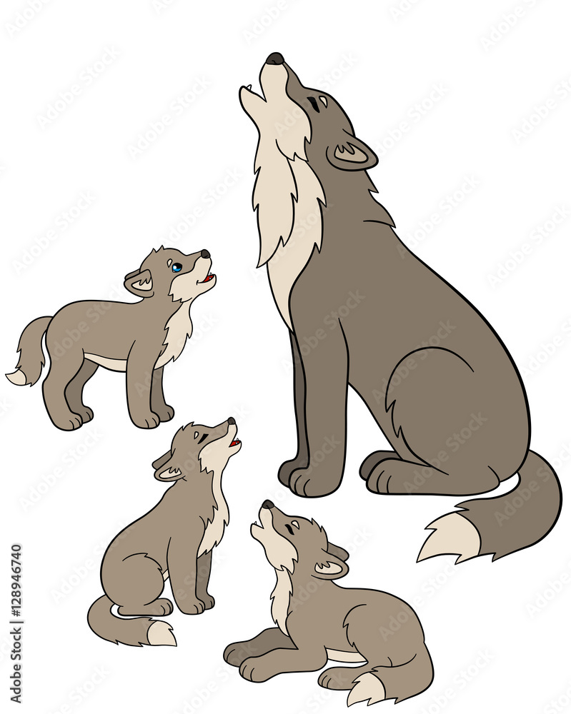 Fototapeta premium Cartoon animals. Father wolf howls with his little babies.