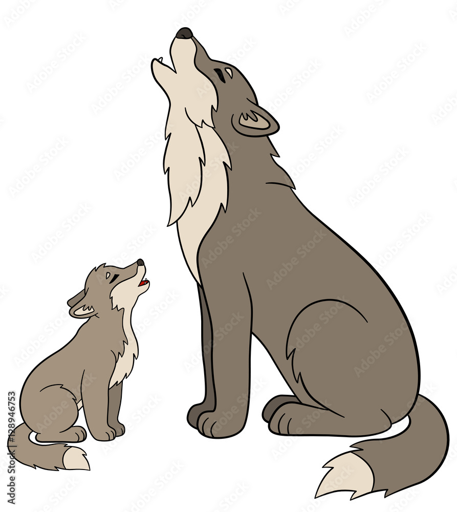 Obraz premium Cartoon animals. Father wolf howls with his little baby.