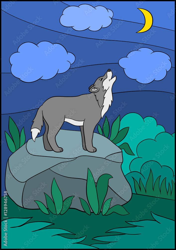 Cartoon animals. Beautiful wolf howling at the moon. Stock Vector | Adobe  Stock
