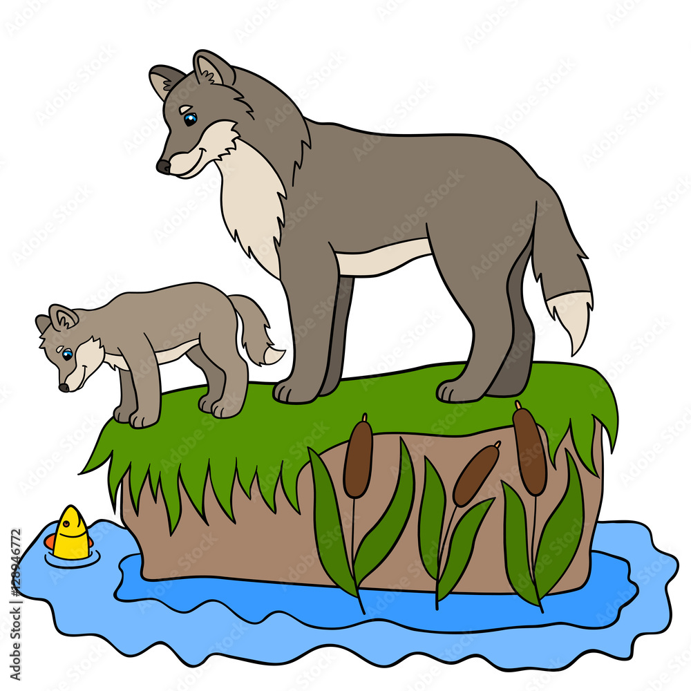 Cartoon animals. Father wolf with his baby. Stock Vector | Adobe Stock