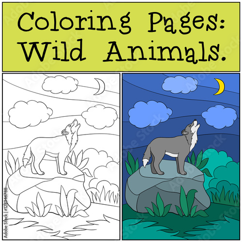 Coloring Pages  Wild Animals. Beautiful wolf howling at the moon