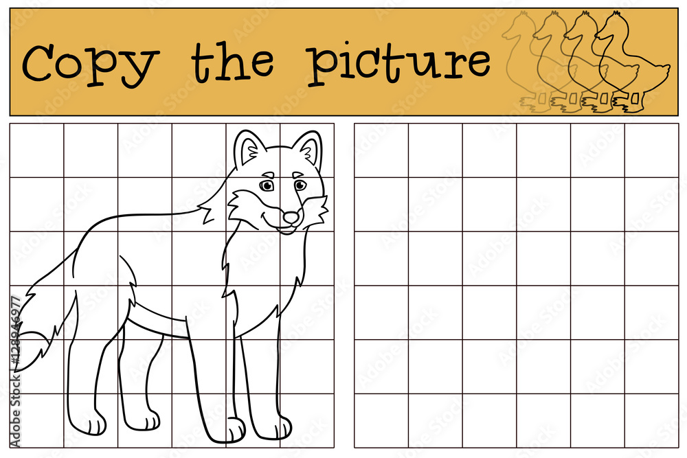 Naklejka premium Educational game: Copy the picture. Cute beautiful wolf smiles.