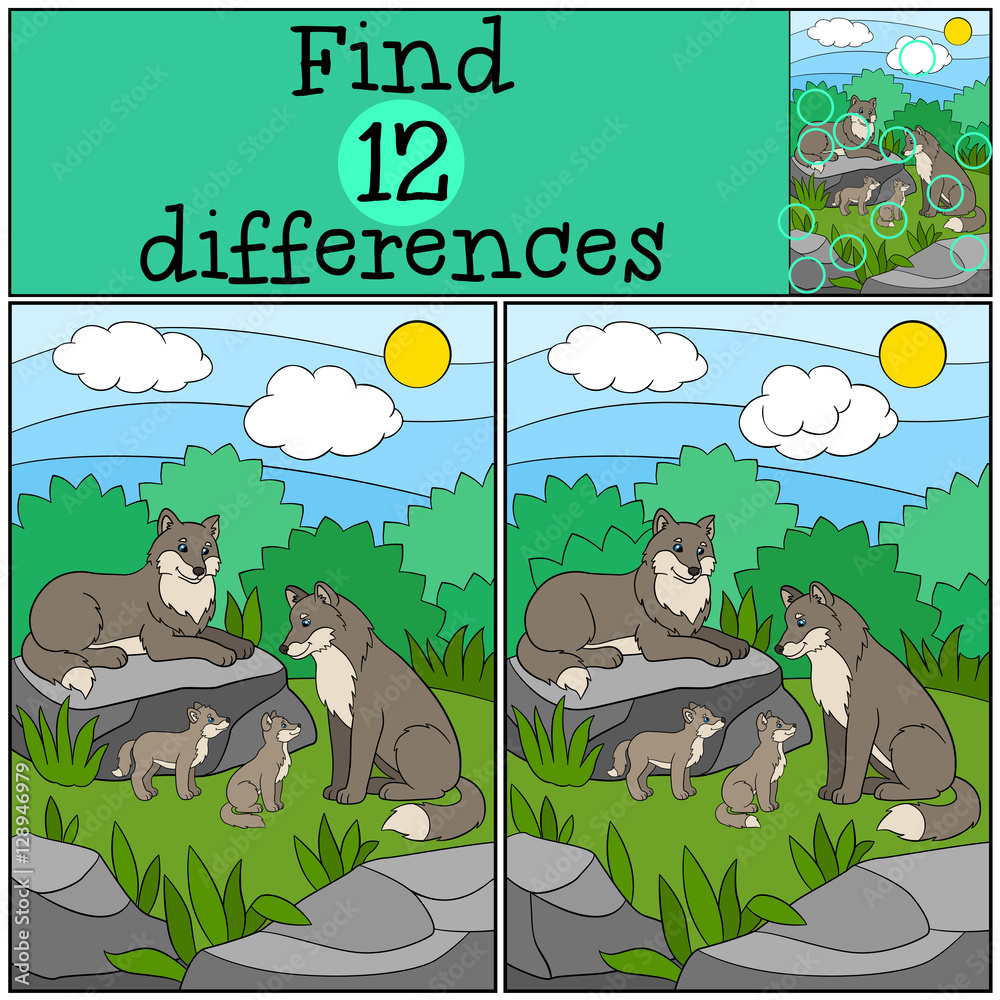 Naklejka premium Educational game: Find differences. Wolf family: mother, father