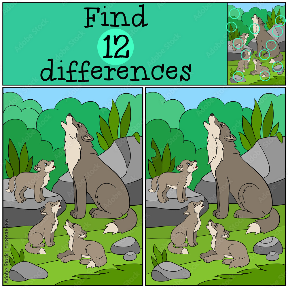 Fototapeta premium Educational game: Find differences. Father wolf howls with his b